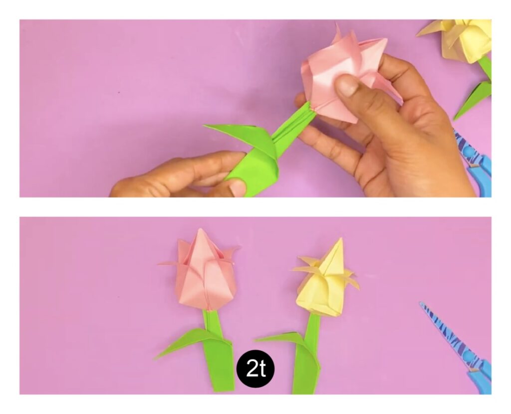 How to make an origami tulip flower with stem and leaf