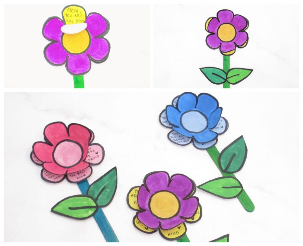 Easy Mother's Day flower craft with love messages for moms(free flower template available)