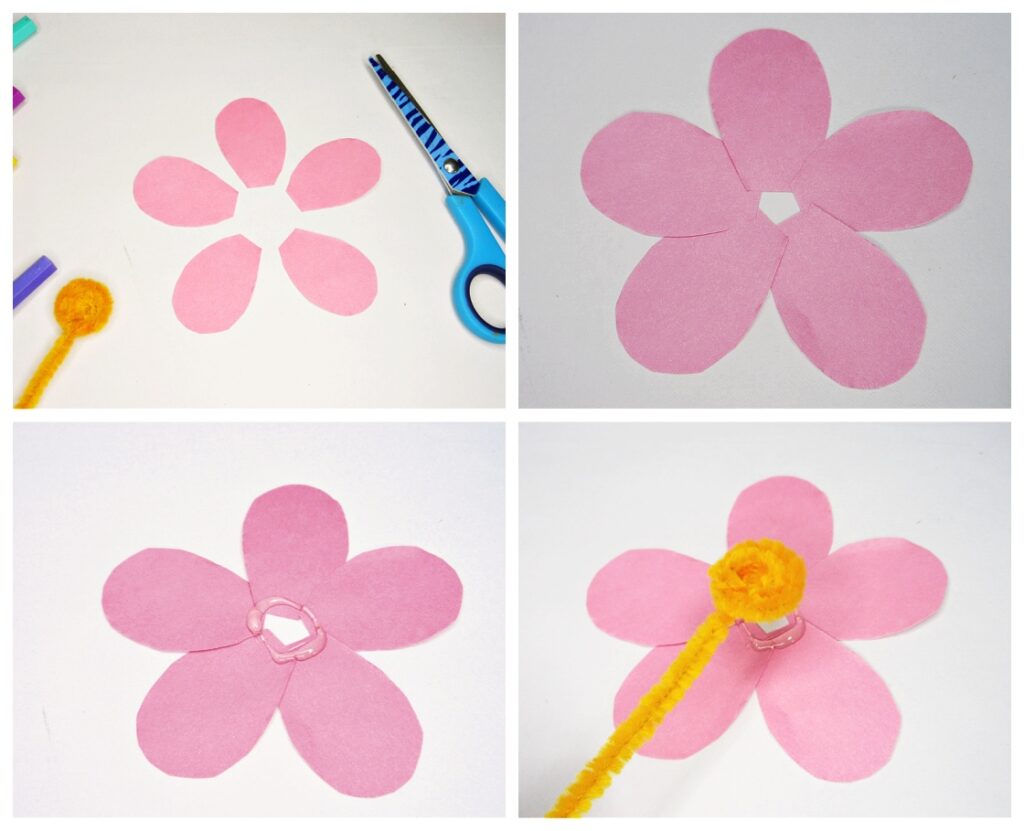 How to make a simple pipe cleaner flower using pom poms for preschoolers
