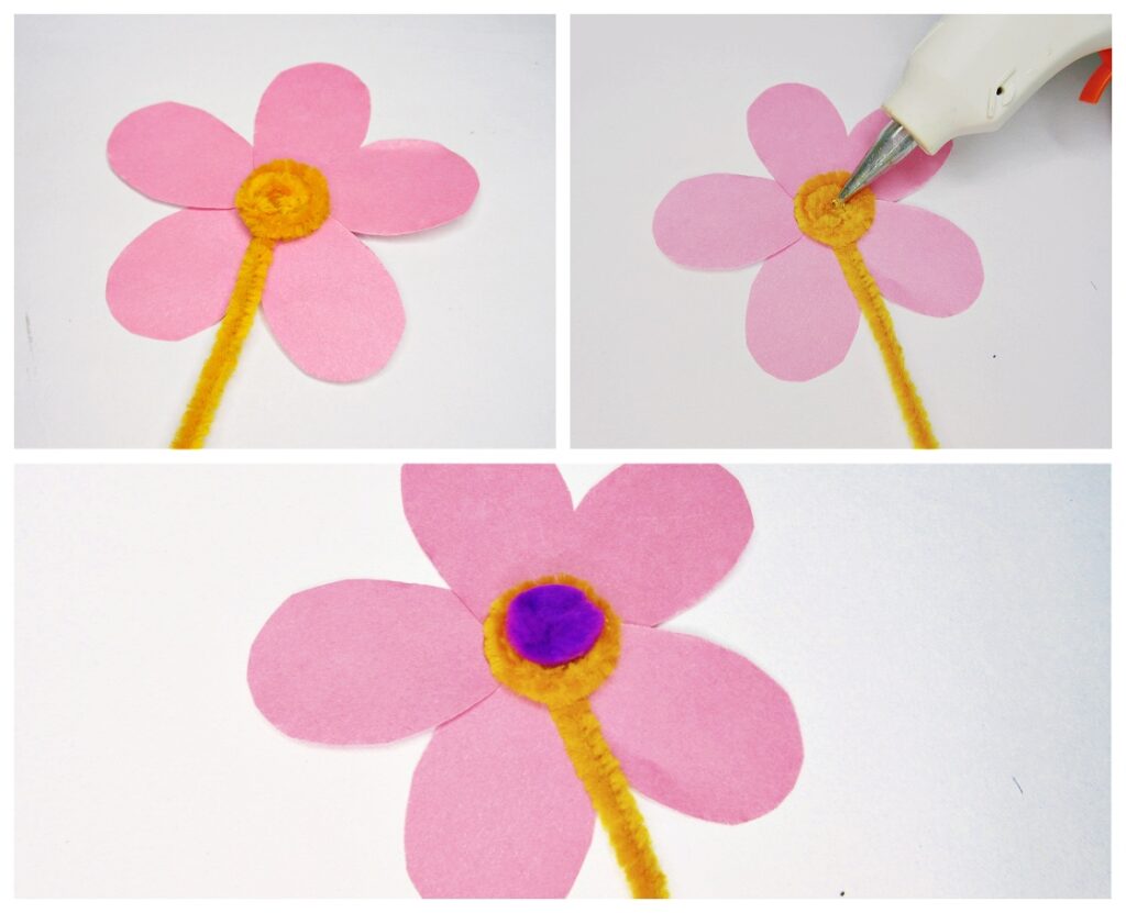 How to make a simple pipe cleaner flower using pom poms for preschoolers