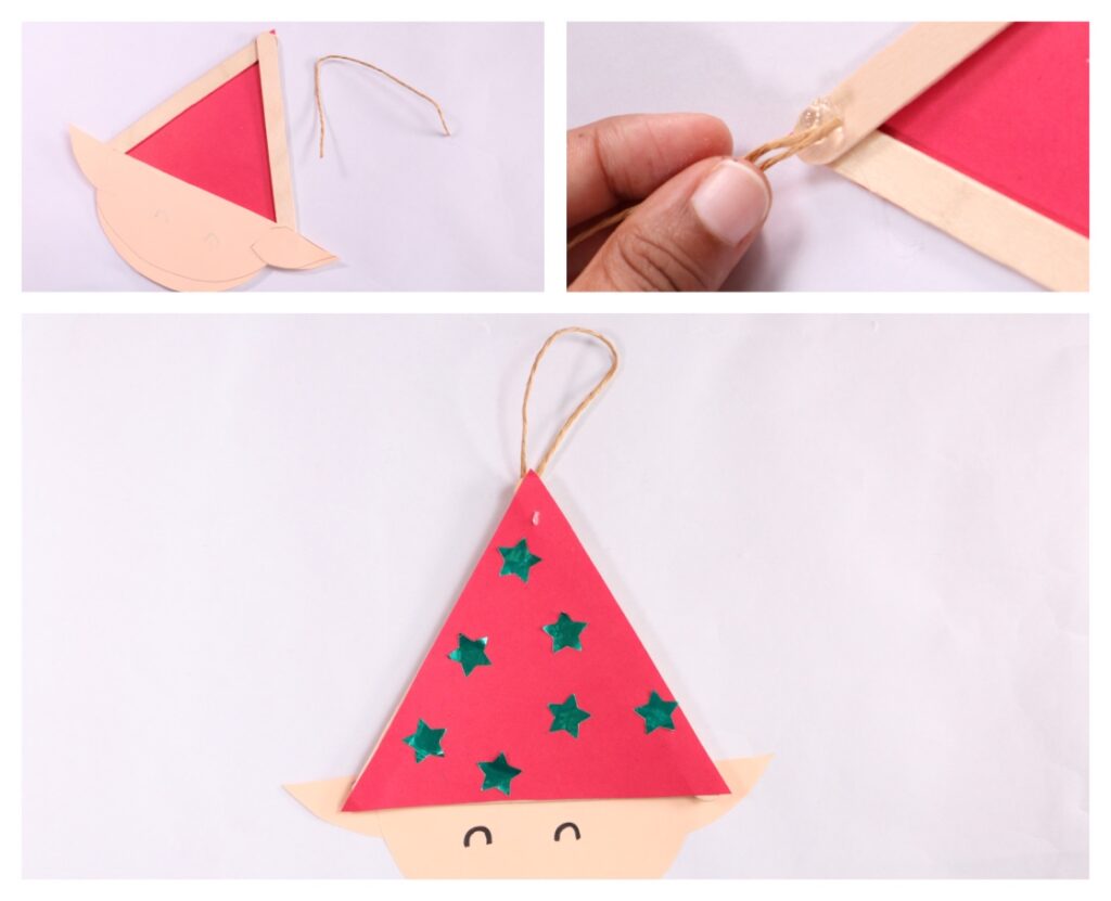 Easy Christmas elf ornament craft for kids using popsicle stick and construction paper 