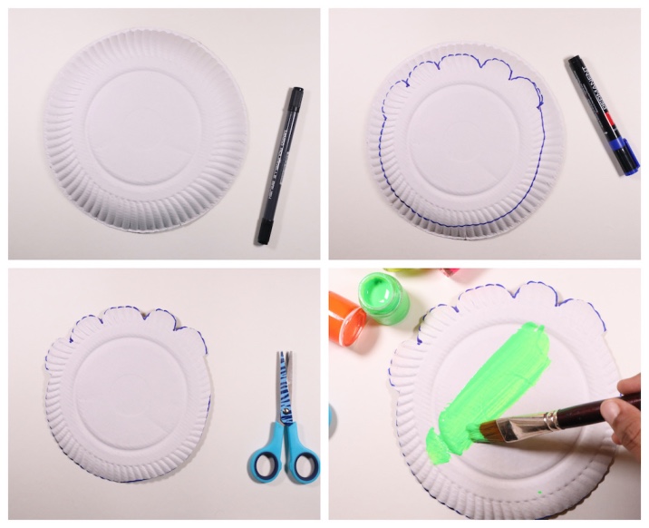 Step by step tutorial to make a one-eyed green paper plate monster 