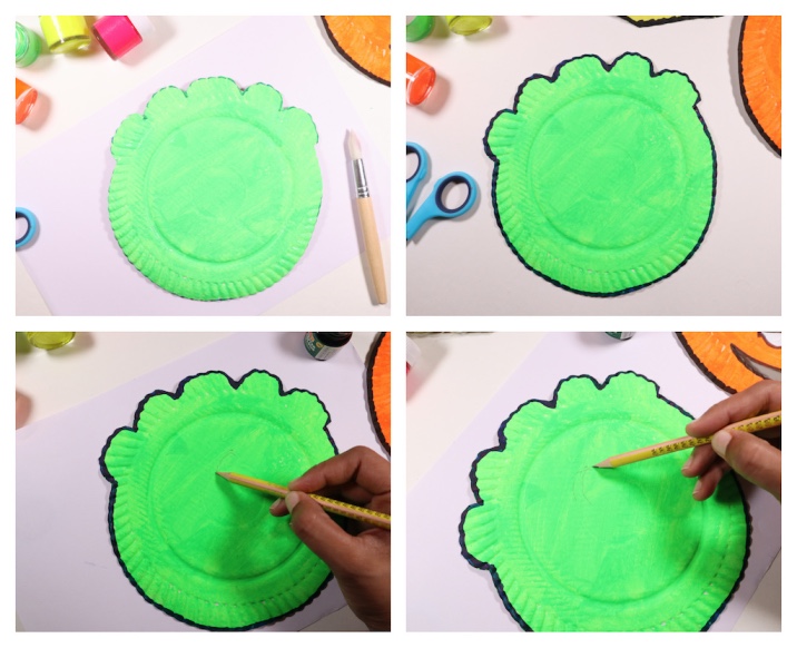 Step by step tutorial to make a one-eyed green paper plate monster 