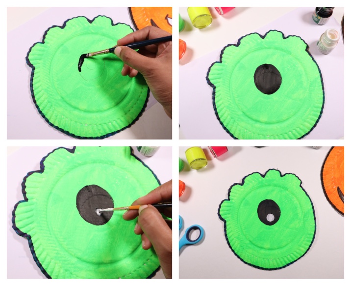 Step by step tutorial to make a one-eyed green paper plate monster 