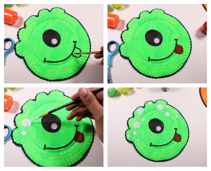 Step by step tutorial to make a one-eyed green paper plate monster 