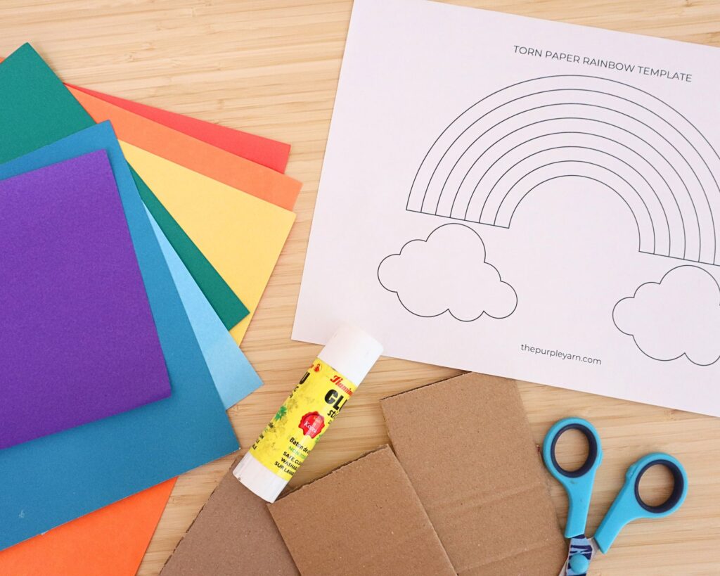 Torn paper rainbow craft step-by-step with free rainbow template