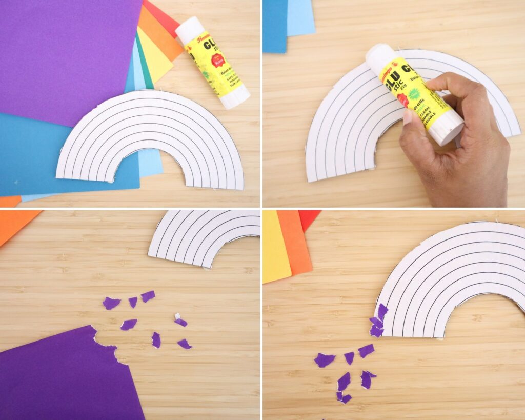 Torn paper rainbow craft step-by-step with free rainbow template