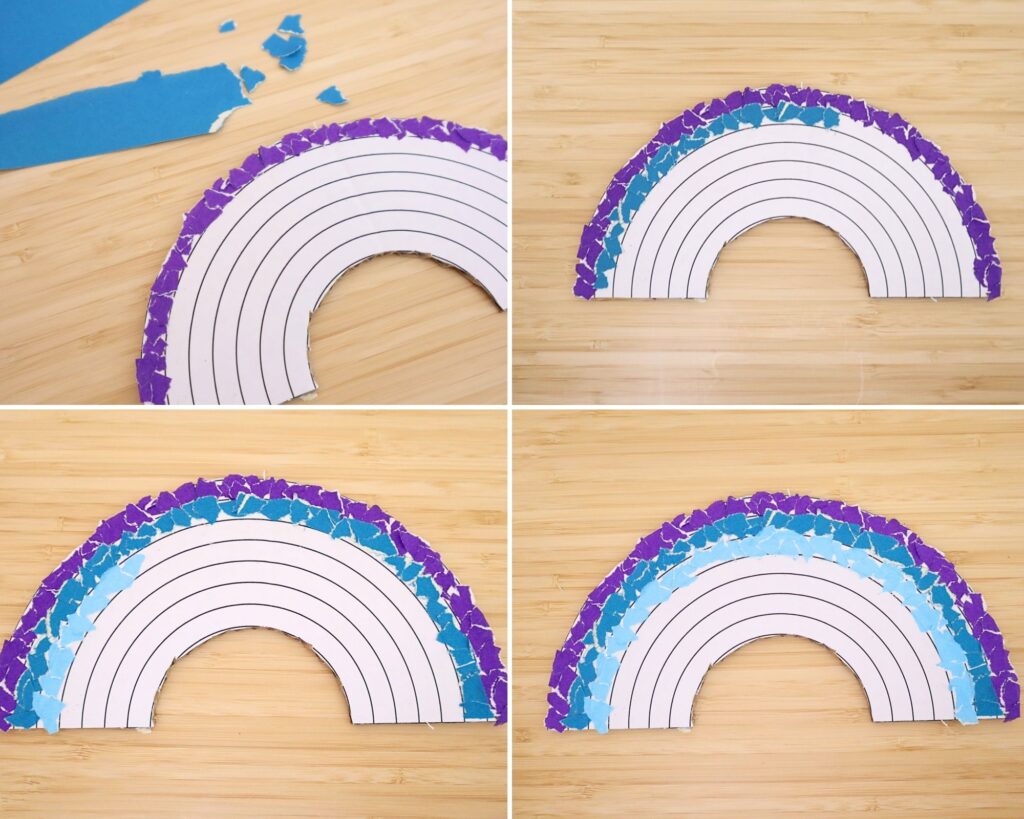 Torn paper rainbow craft step-by-step with free rainbow template