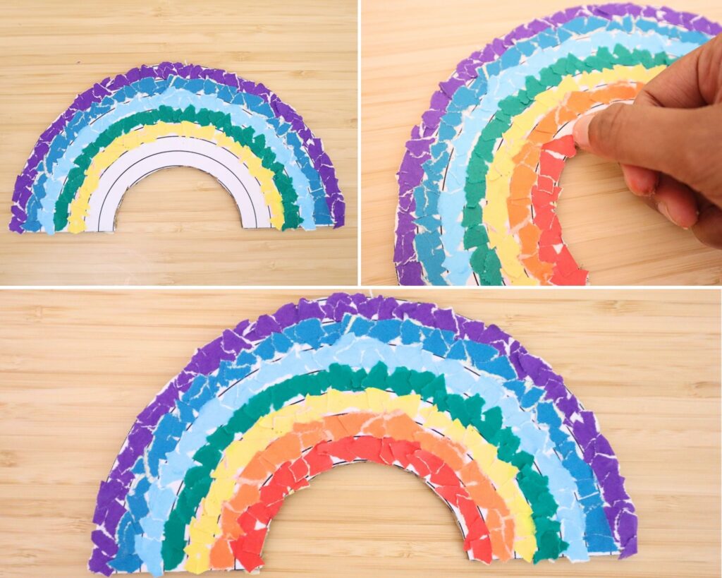 Torn paper rainbow craft step-by-step with free rainbow template